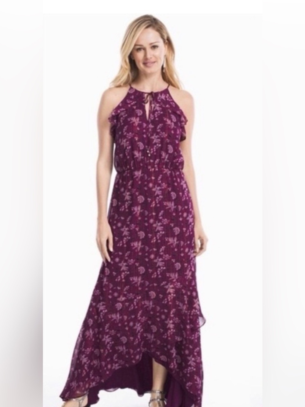 WHBM Plum Floral Halter Maxi Dress Size 12 NWT